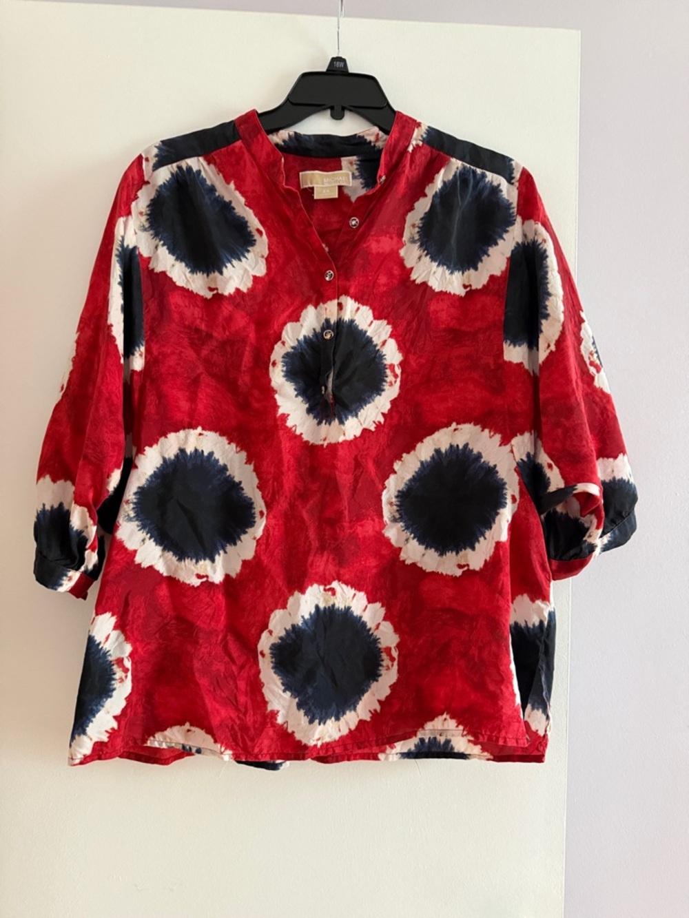 Michael Kors Red Tie-Dye Henley with Navy and White Circles